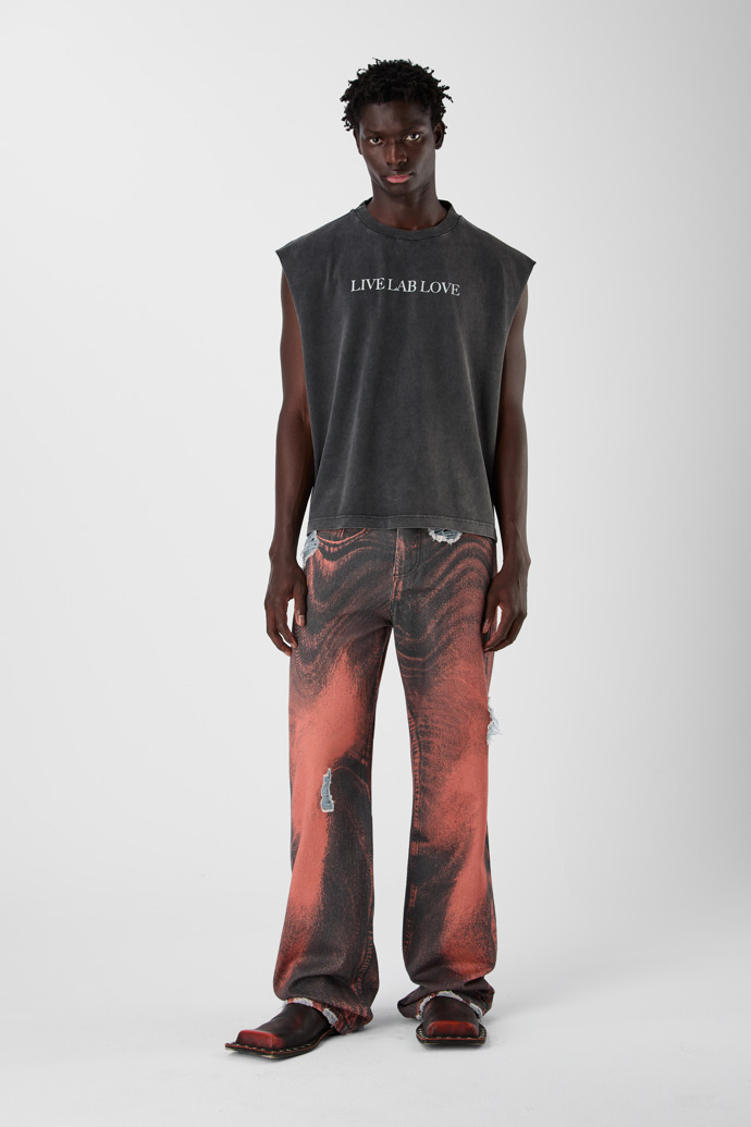 DISTORTED PRINT DISTRESSED DENIM JEANS ORANGE-BLACK