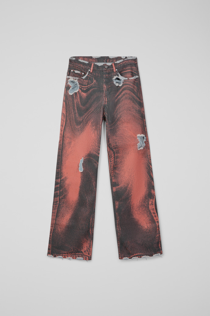 Side view of DISTORTED PRINT DISTRESSED DENIM JEANS ORANGE-BLACK