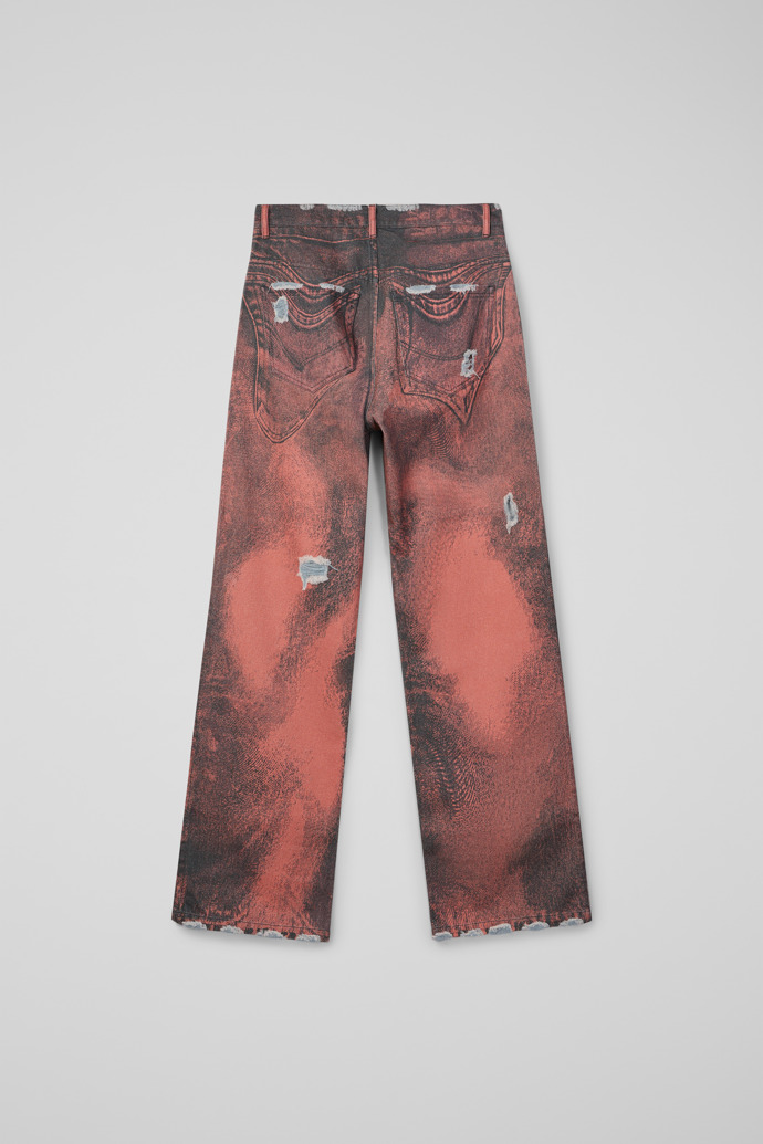 Back view of DISTORTED PRINT DISTRESSED DENIM JEANS ORANGE-BLACK