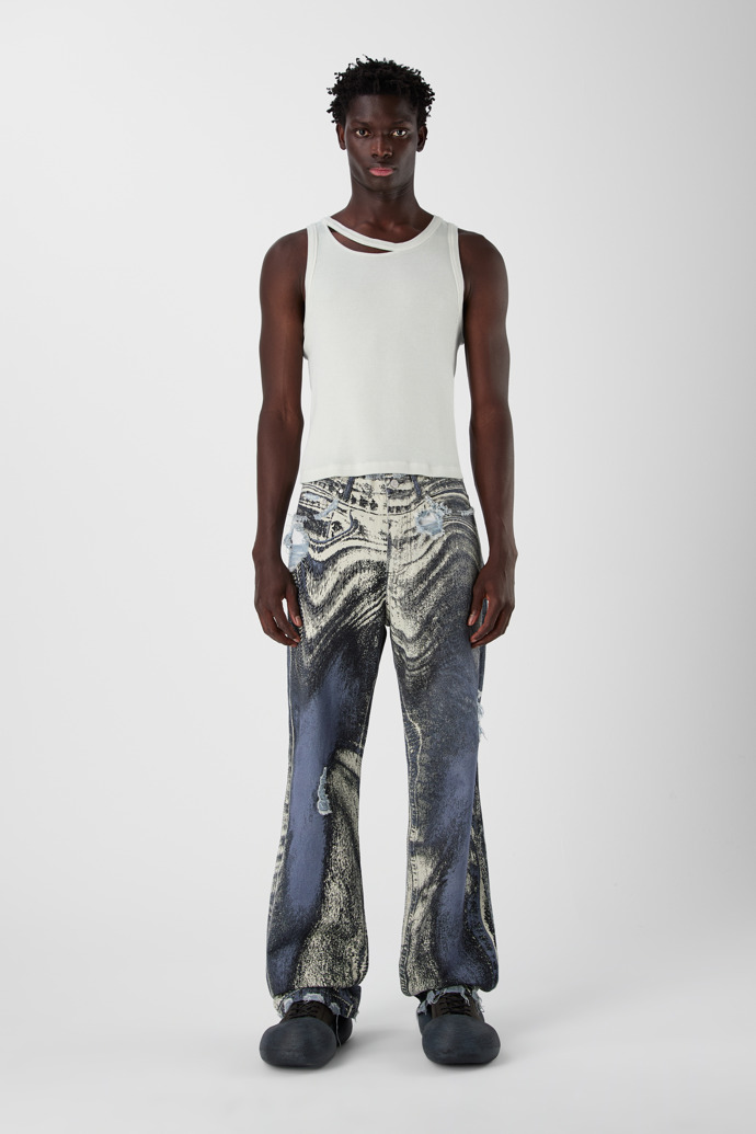 DISTORTED PRINT DISTRESSED DENIM JEANS BLUE-CREAM