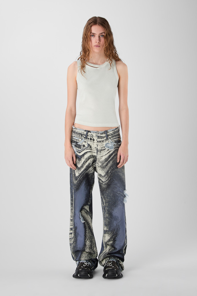 DISTORTED PRINT DISTRESSED DENIM JEANS BLUE-CREAM