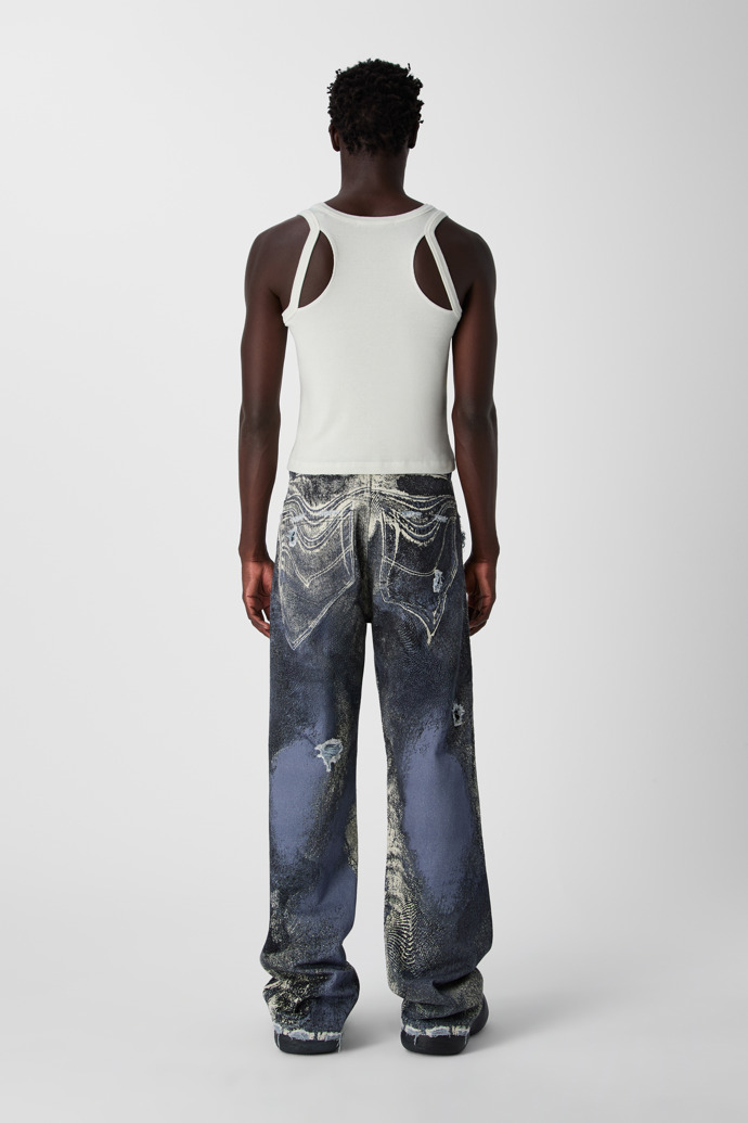 DISTORTED PRINT DISTRESSED DENIM JEANS BLUE-CREAM