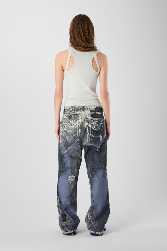 DISTORTED PRINT DISTRESSED DENIM JEANS BLUE-CREAM