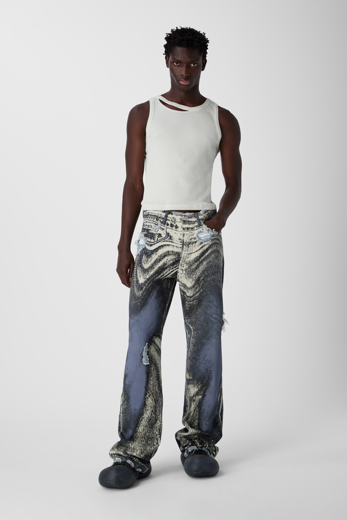 DISTORTED PRINT DISTRESSED DENIM JEANS BLUE-CREAM
