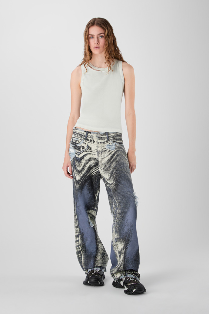 DISTORTED PRINT DISTRESSED DENIM JEANS BLUE-CREAM