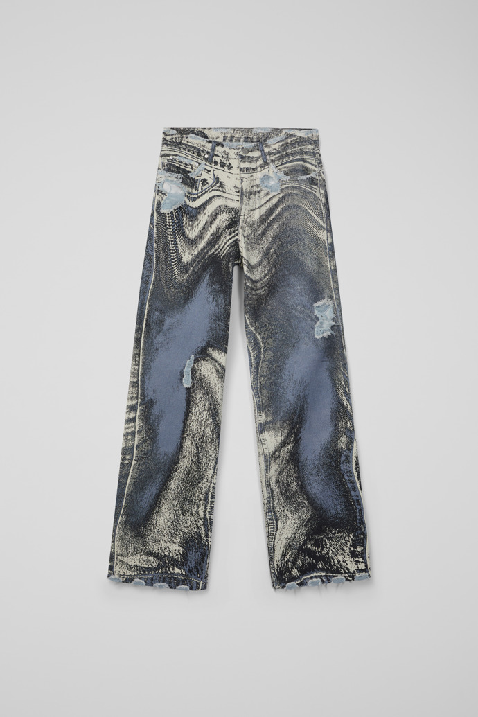 Side view of DISTORTED PRINT DISTRESSED DENIM JEANS BLUE-CREAM