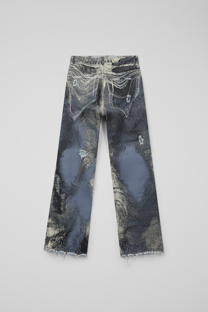 Back view of DISTORTED PRINT DISTRESSED DENIM JEANS BLUE-CREAM