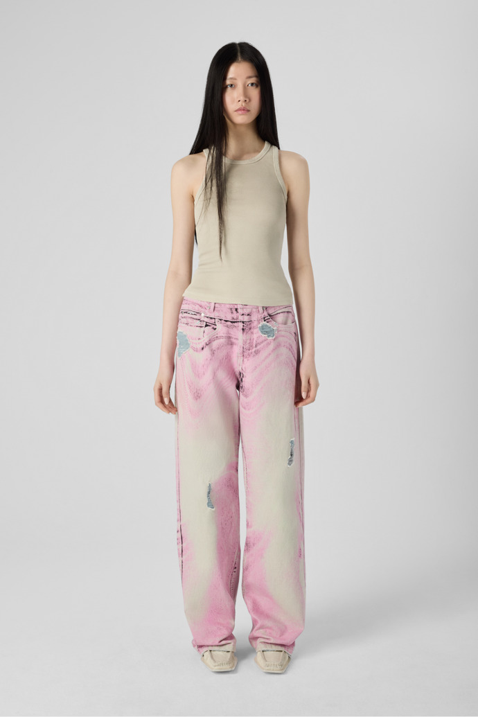 DISTORTED PRINT DISTRESSED DENIM JEANS