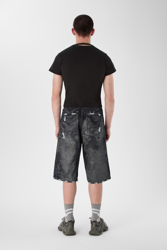 DISTORTED PRINT DISTRESSED DENIM SHORTS BLACK-Gray