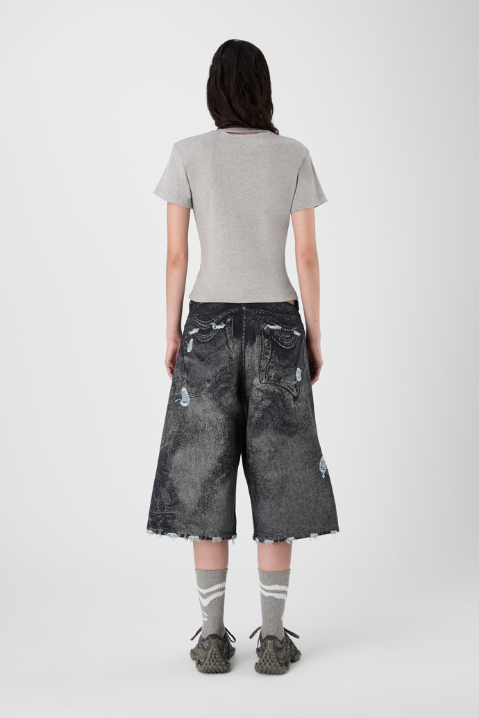 DISTORTED PRINT DISTRESSED DENIM SHORTS BLACK-Gray