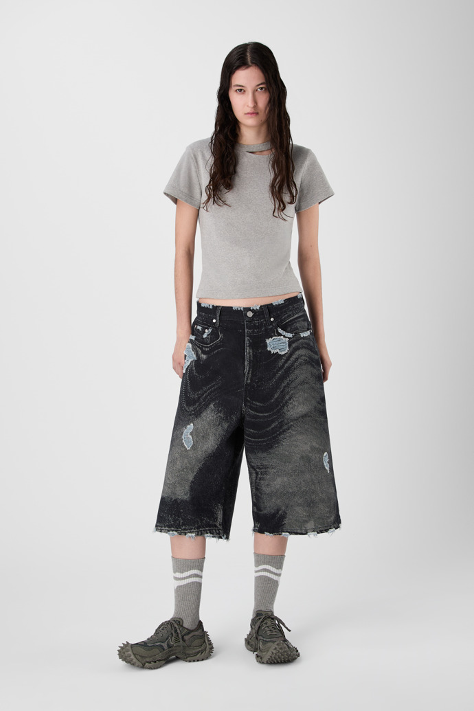 DISTORTED PRINT DISTRESSED DENIM SHORTS BLACK-Gray