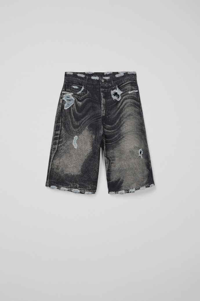 Side view of DISTORTED PRINT DISTRESSED DENIM SHORTS BLACK-Gray