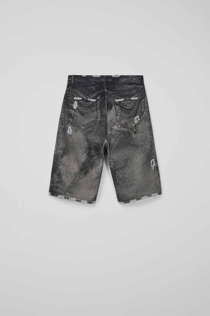 Back view of DISTORTED PRINT DISTRESSED DENIM SHORTS BLACK-Gray