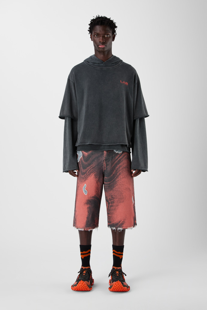 DISTORTED PRINT DISTRESSED DENIM SHORTS ORANGE-SCHWARZ