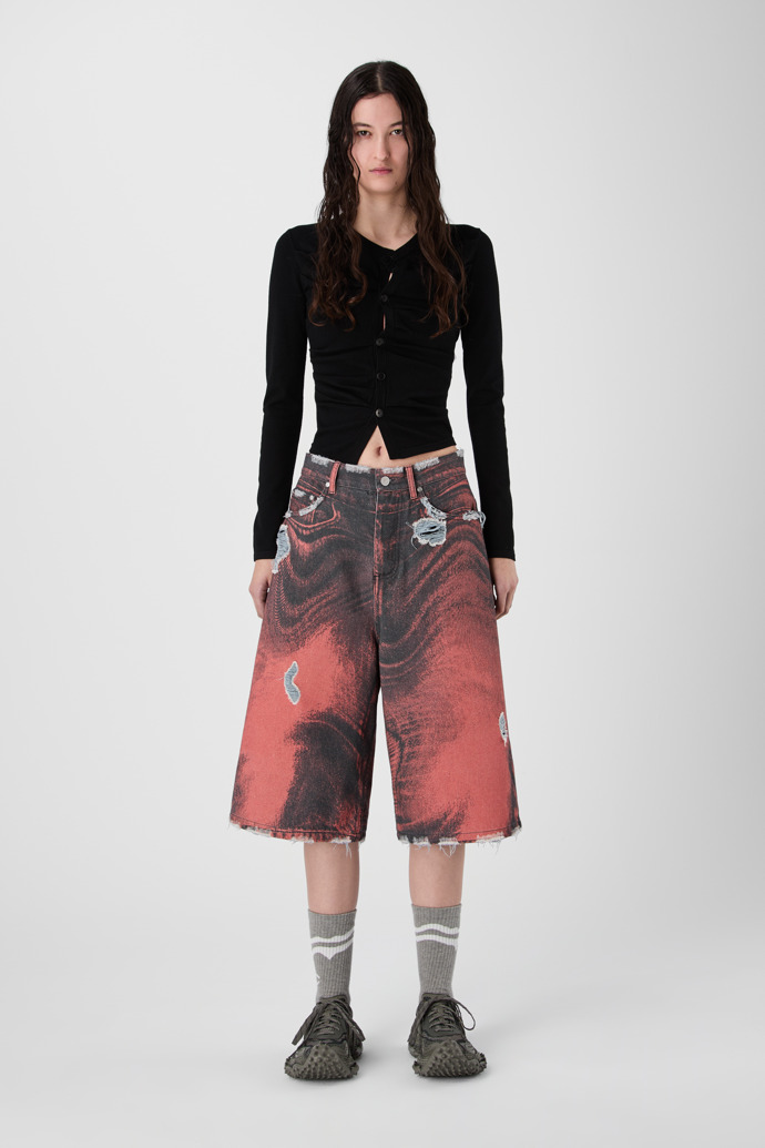DISTORTED PRINT DISTRESSED DENIM SHORTS ORANGE-BLACK