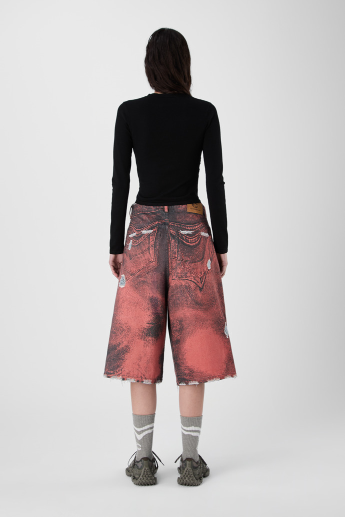 DISTORTED PRINT DISTRESSED DENIM SHORTS ORANGE-BLACK