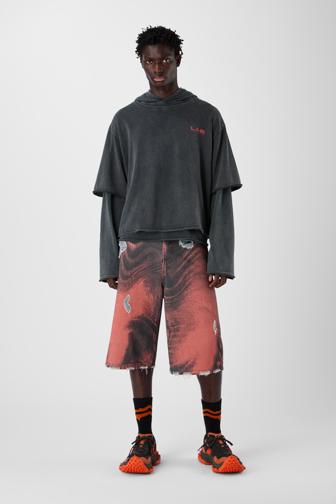 DISTORTED PRINT DISTRESSED DENIM SHORTS ORANGE-SCHWARZ