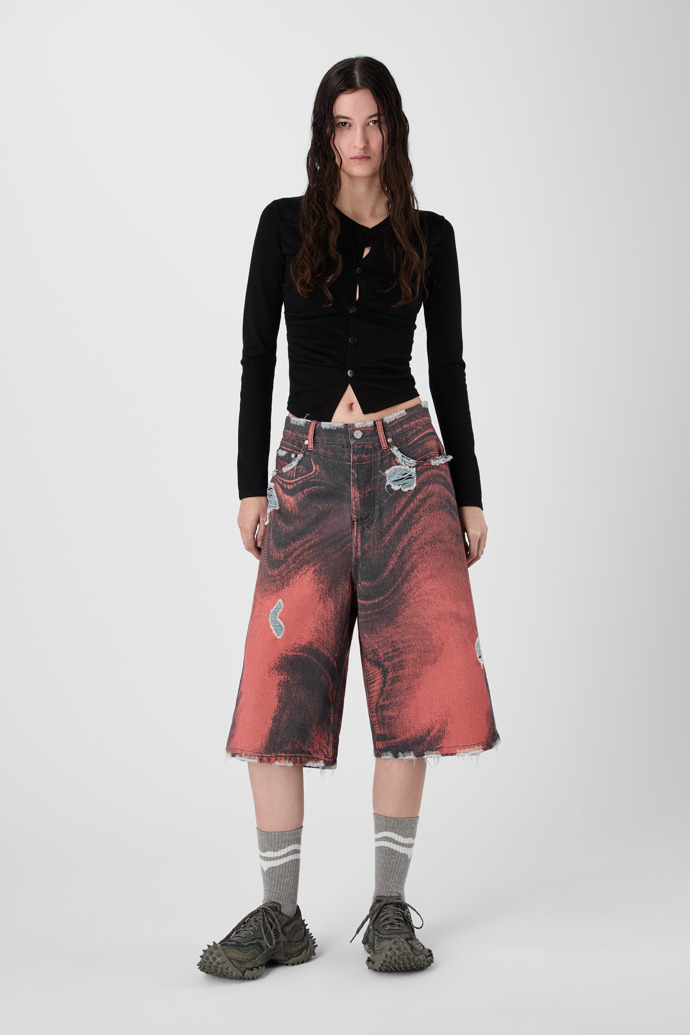 DISTORTED PRINT DISTRESSED DENIM SHORTS ORANGE-BLACK
