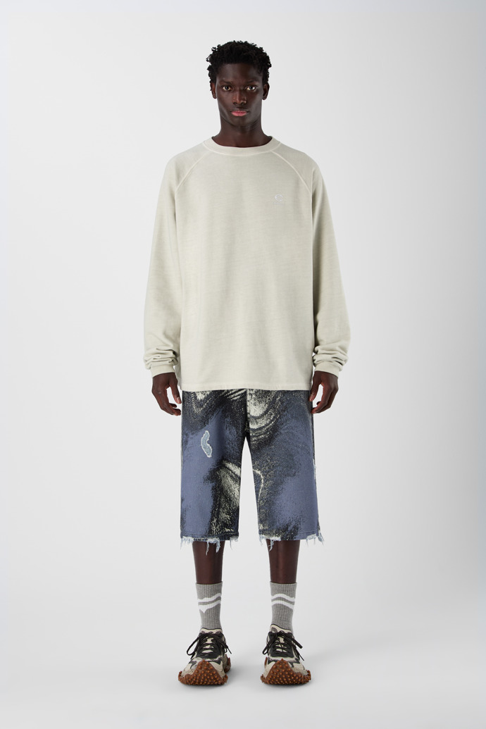 DISTORTED PRINT DISTRESSED DENIM SHORTS BLUE-CREAM