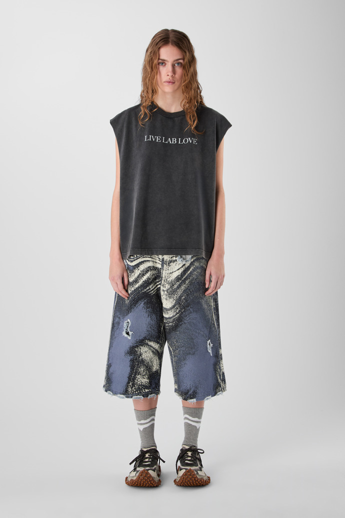 DISTORTED PRINT DISTRESSED DENIM SHORTS BLUE-CREAM