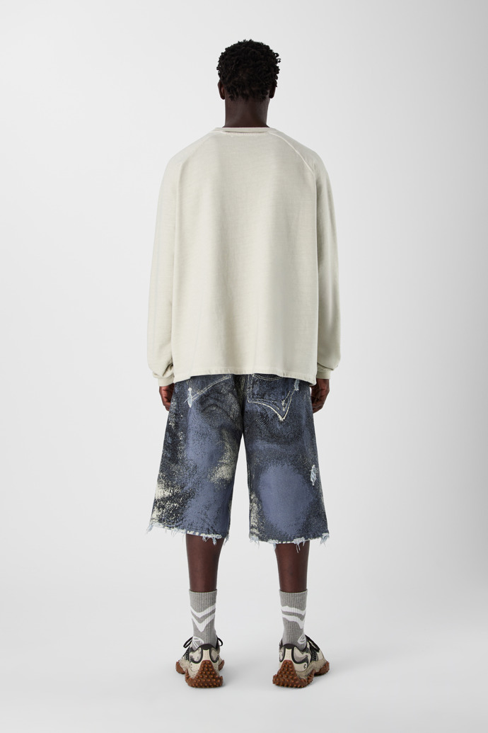 DISTORTED PRINT DISTRESSED DENIM SHORTS BLUE-CREAM