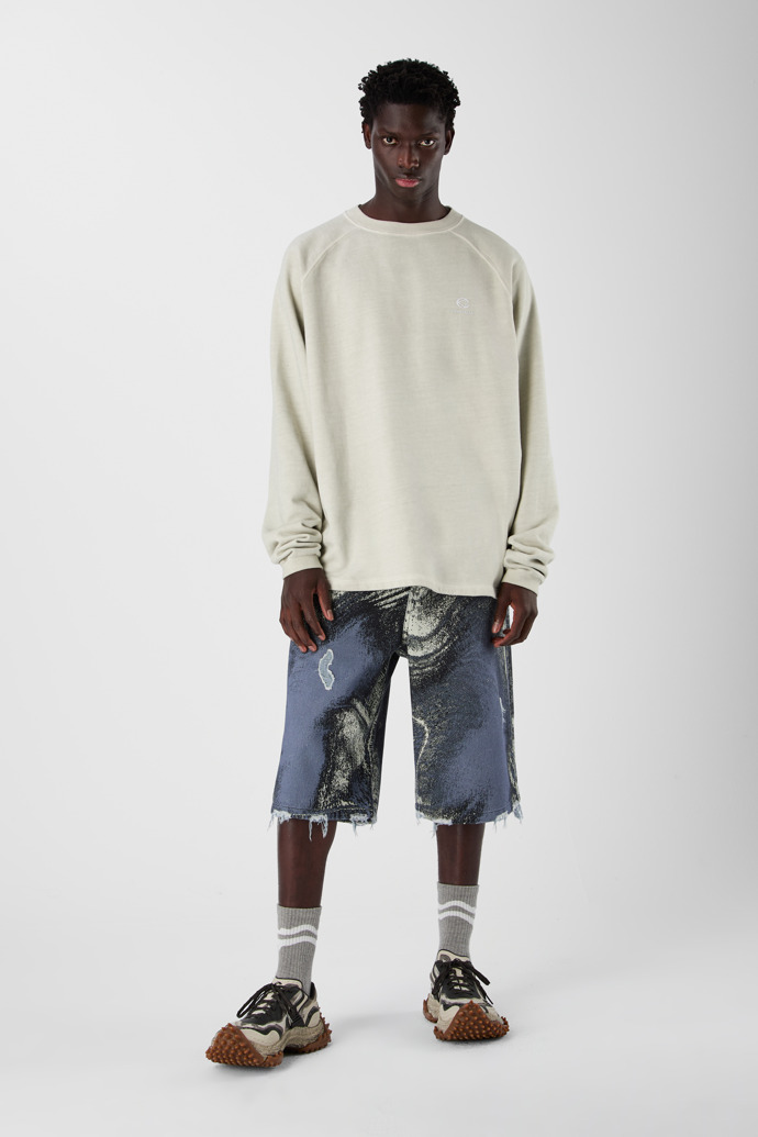 DISTORTED PRINT DISTRESSED DENIM SHORTS BLUE-CREAM