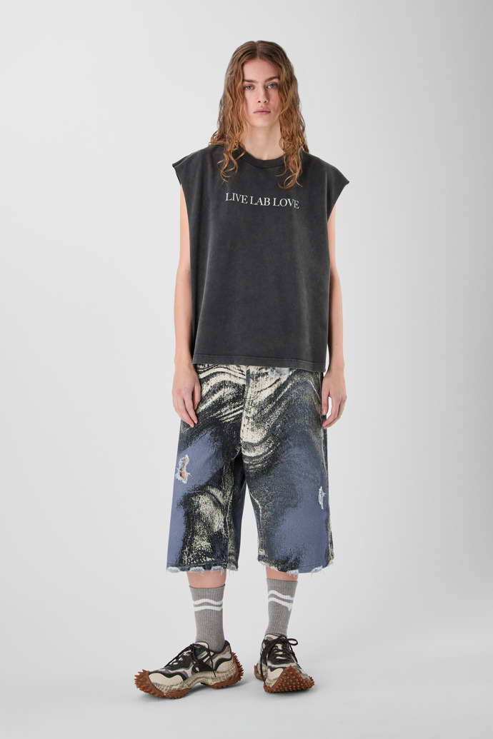 DISTORTED PRINT DISTRESSED DENIM SHORTS BLUE-CREAM