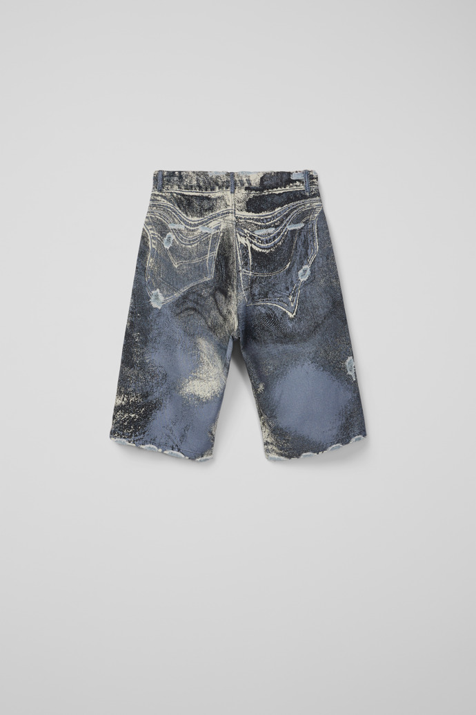 Back view of DISTORTED PRINT DISTRESSED DENIM SHORTS BLUE-CREAM