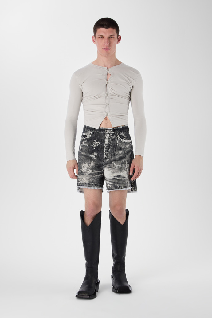 CORDUROY PRINT DENIM CUTOFF SHORTS NOIR