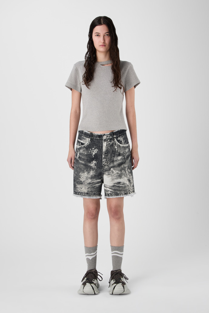 CORDUROY PRINT DENIM CUTOFF SHORTS BLACK