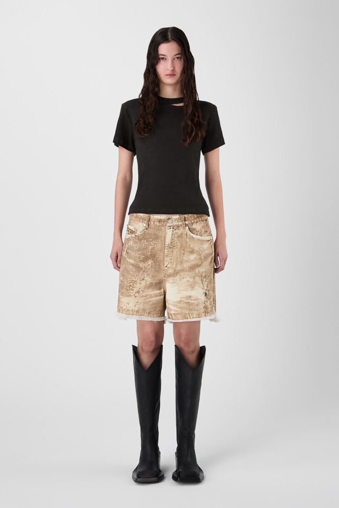 CORDUROY PRINT DENIM CUTOFF SHORTS BEIGE