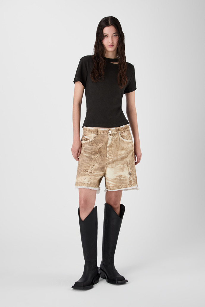 CORDUROY PRINT DENIM CUTOFF SHORTS BEIGE