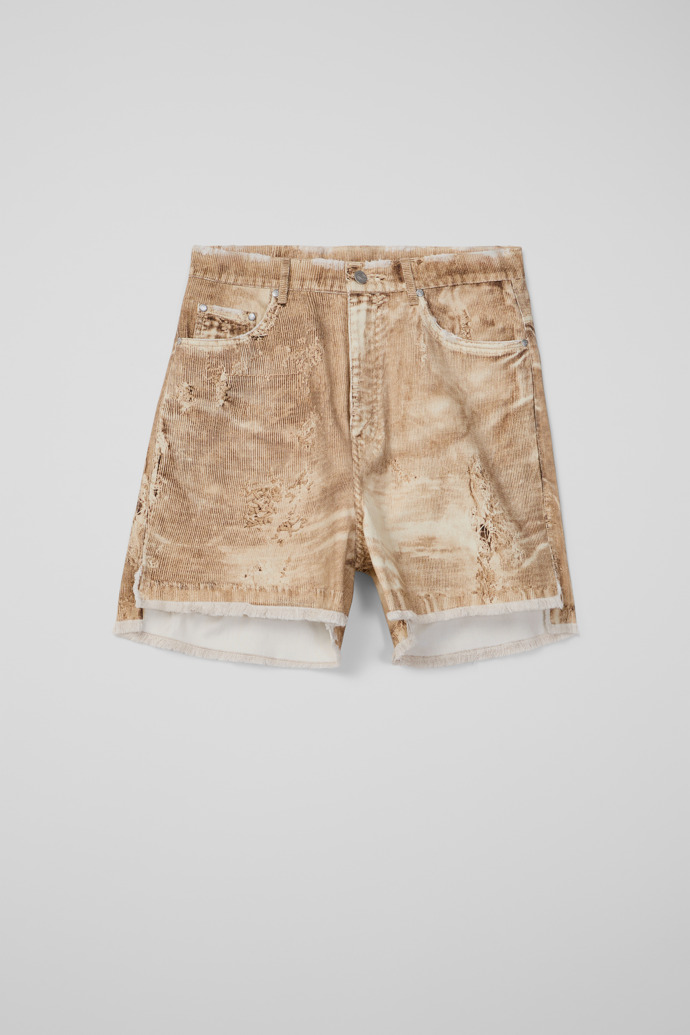 Side view of CORDUROY PRINT DENIM CUTOFF SHORTS BEIGE
