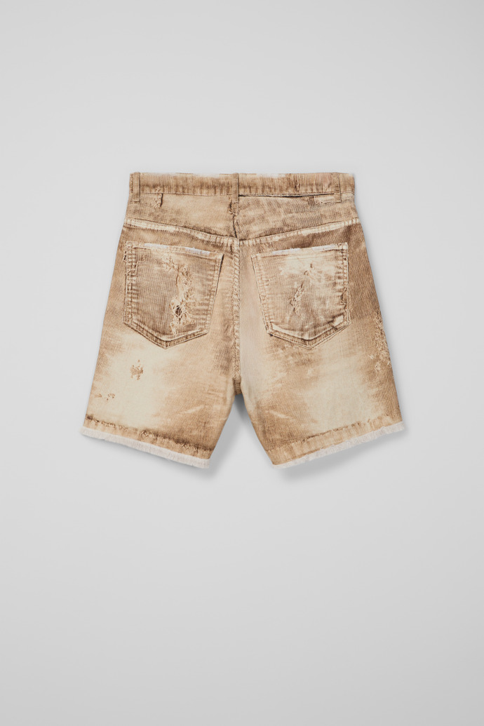 Back view of CORDUROY PRINT DENIM CUTOFF SHORTS BEIGE