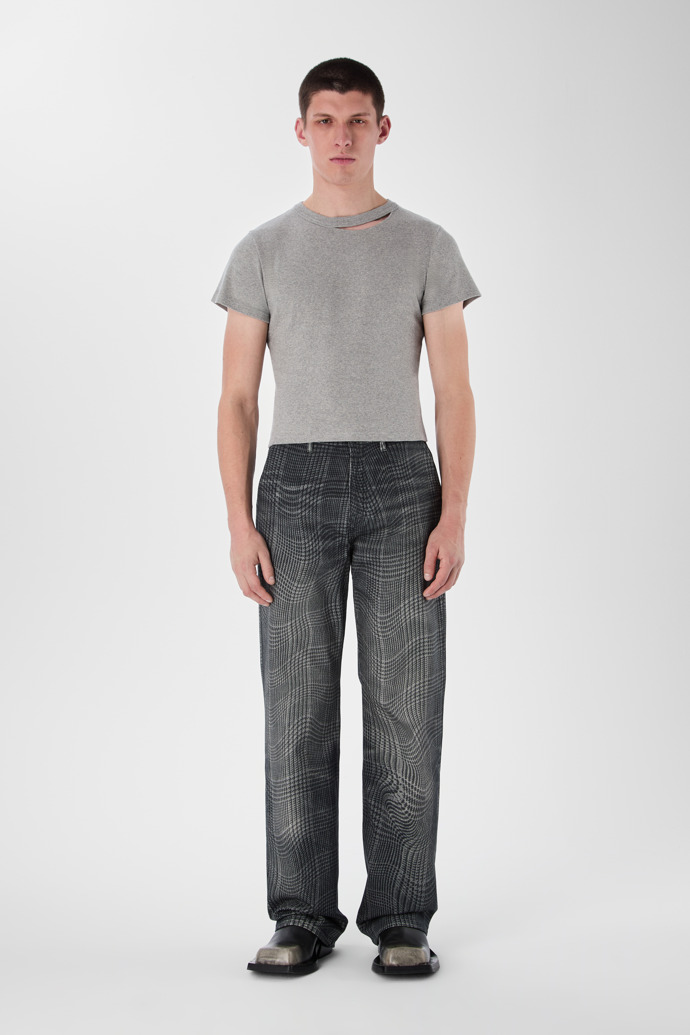 DISTORTED TARTAN PRINT DENIM JEANS