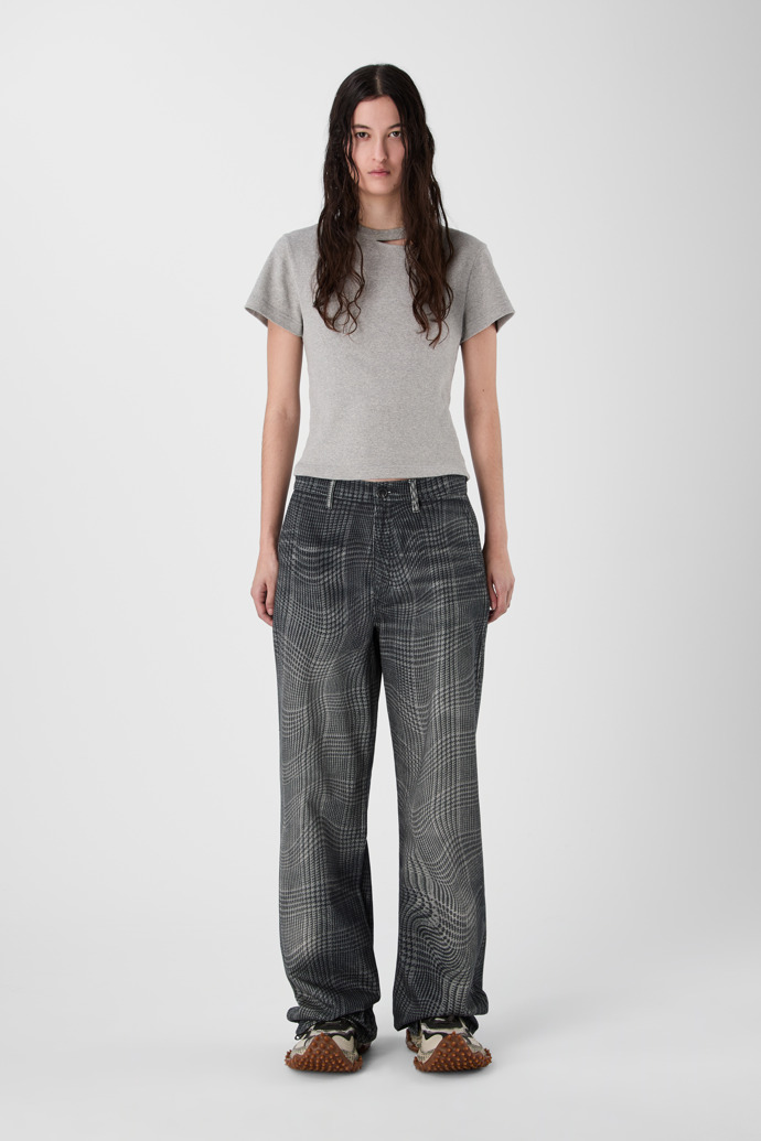 DISTORTED TARTAN PRINT DENIM JEANS BLACK