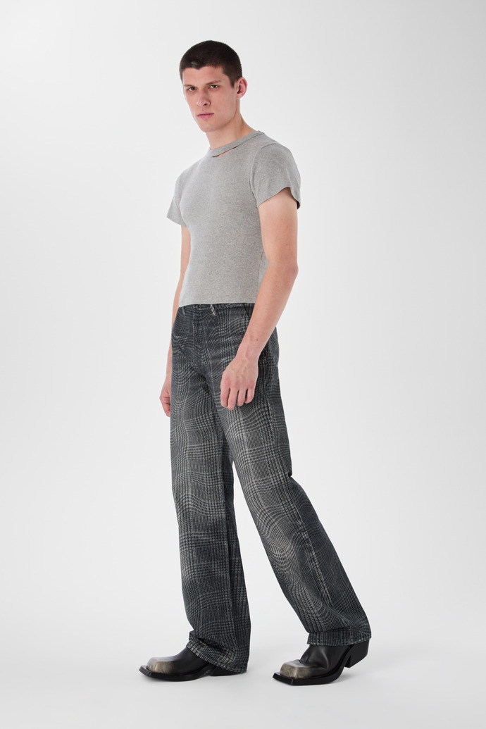 DISTORTED TARTAN PRINT DENIM JEANS