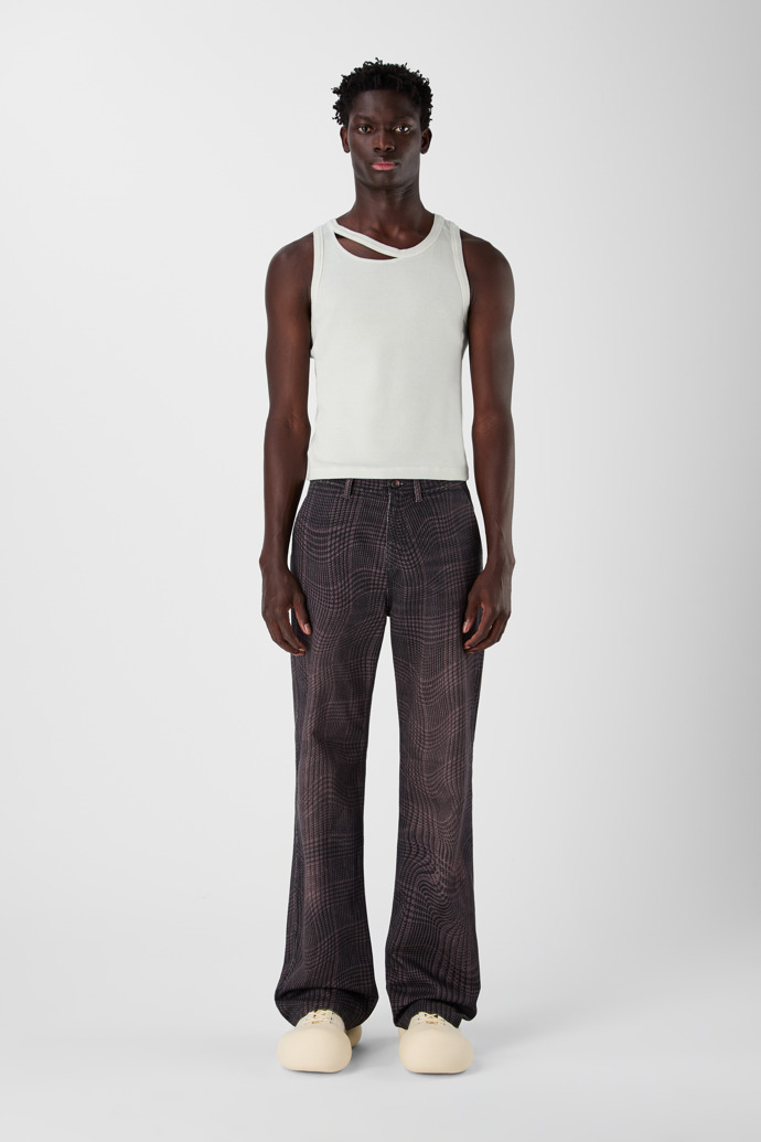 DISTORTED TARTAN PRINT DENIM JEANS BORDEAUX