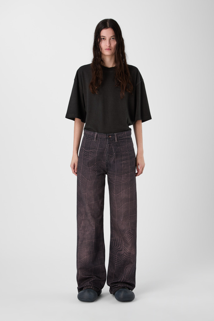 DISTORTED TARTAN PRINT DENIM JEANS BURGUNDY