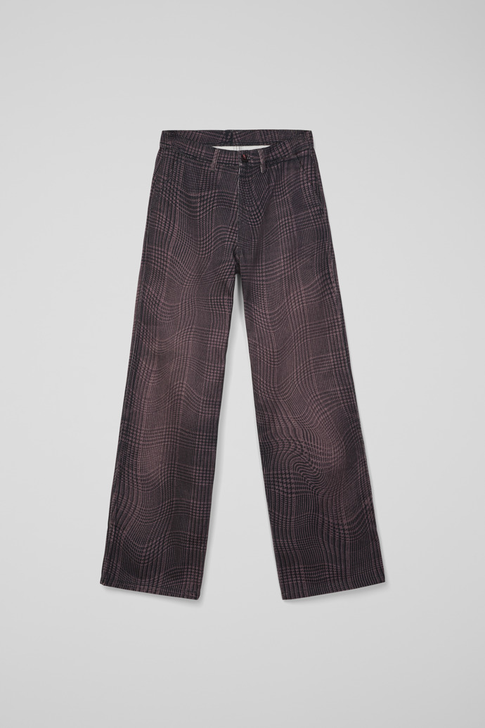 Side view of DISTORTED TARTAN PRINT DENIM JEANS BURGUNDY