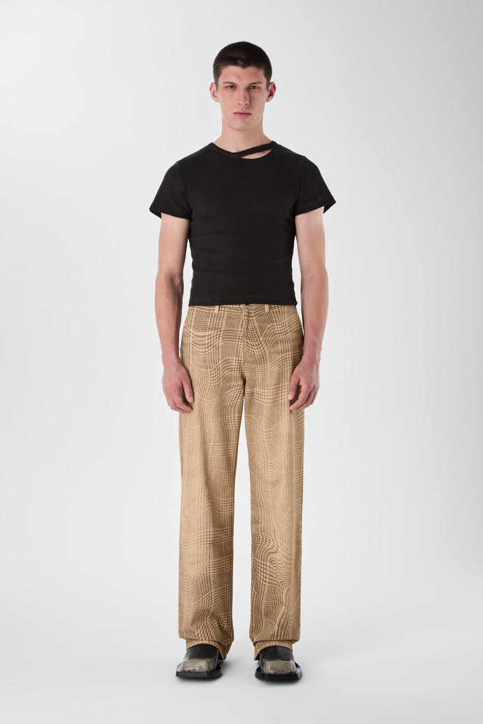 DISTORTED TARTAN PRINT DENIM JEANS BROWN