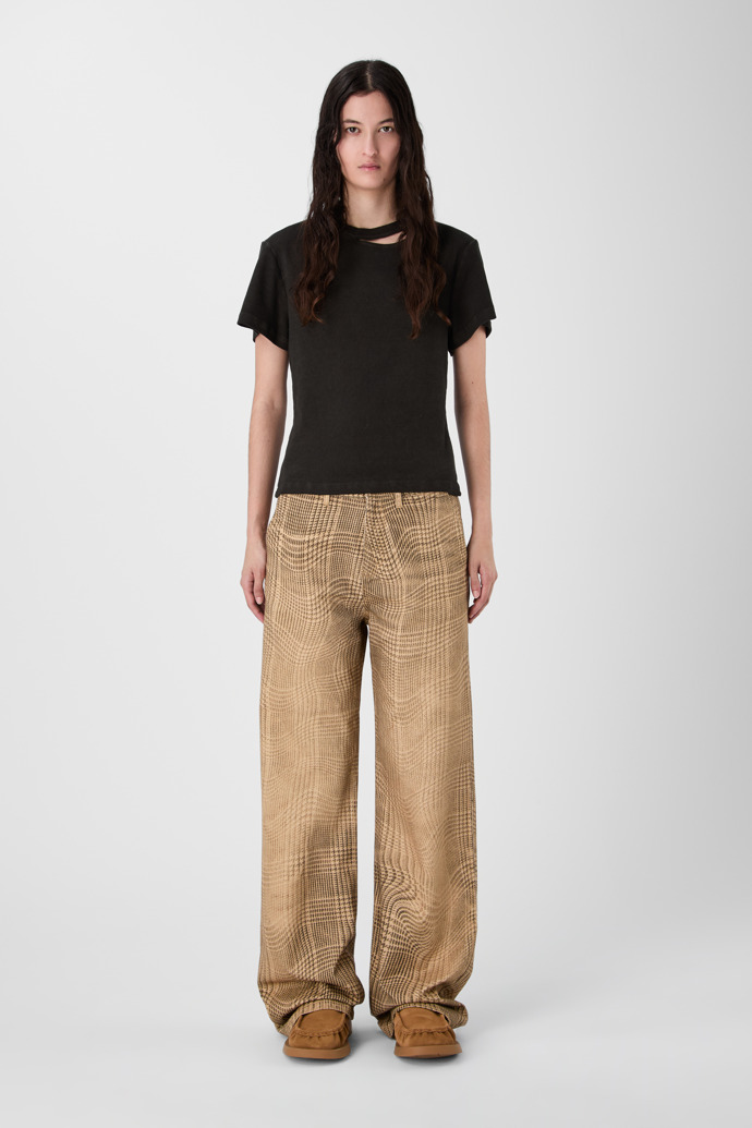 DISTORTED TARTAN PRINT DENIM JEANS BROWN