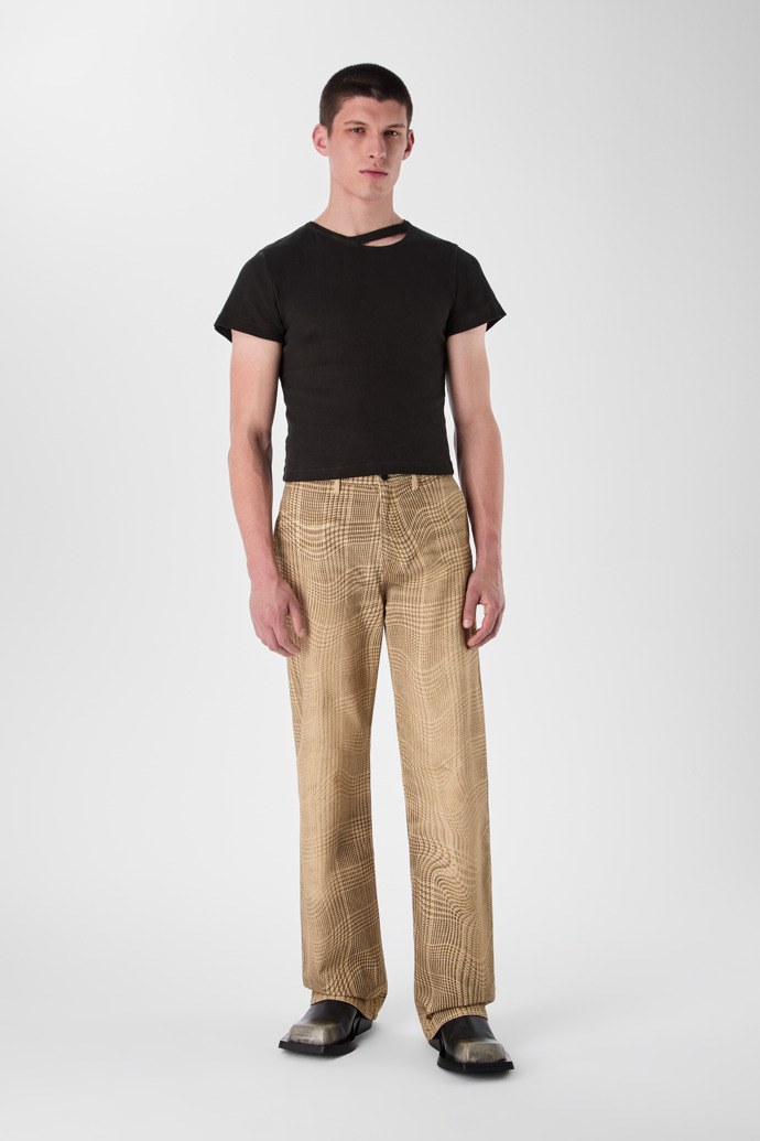 DISTORTED TARTAN PRINT DENIM JEANS BROWN