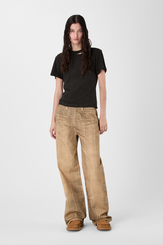 DISTORTED TARTAN PRINT DENIM JEANS BROWN