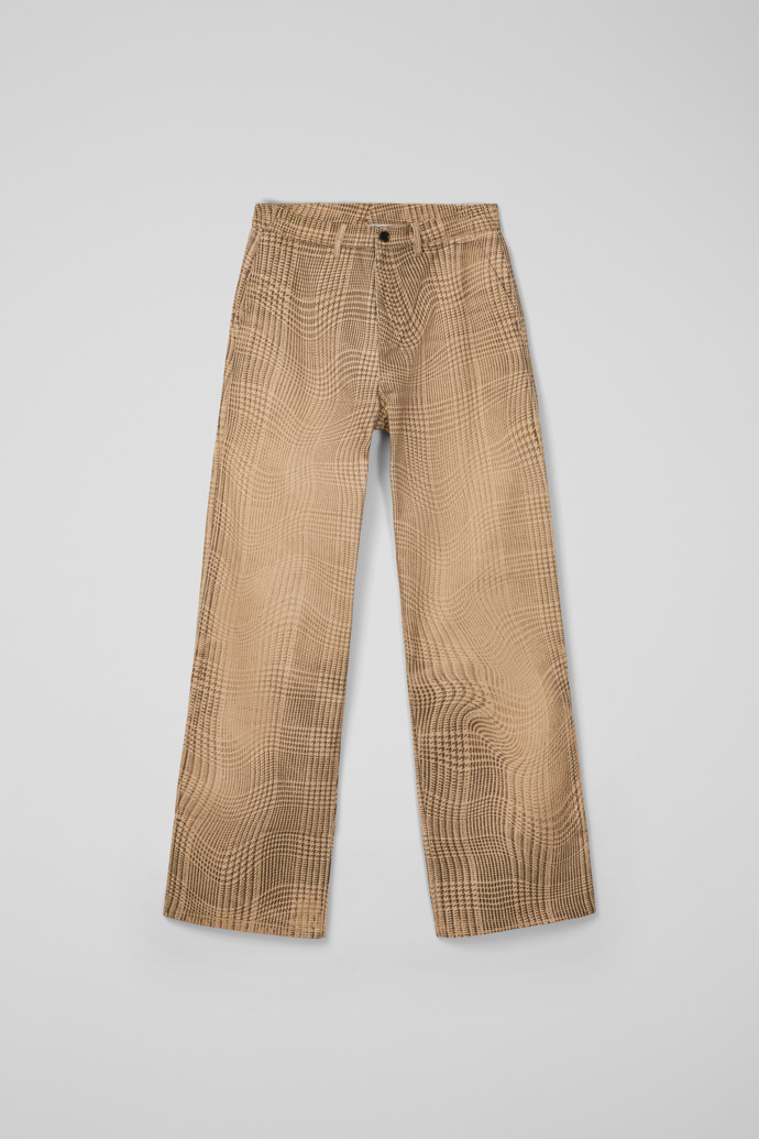 Side view of DISTORTED TARTAN PRINT DENIM JEANS BROWN