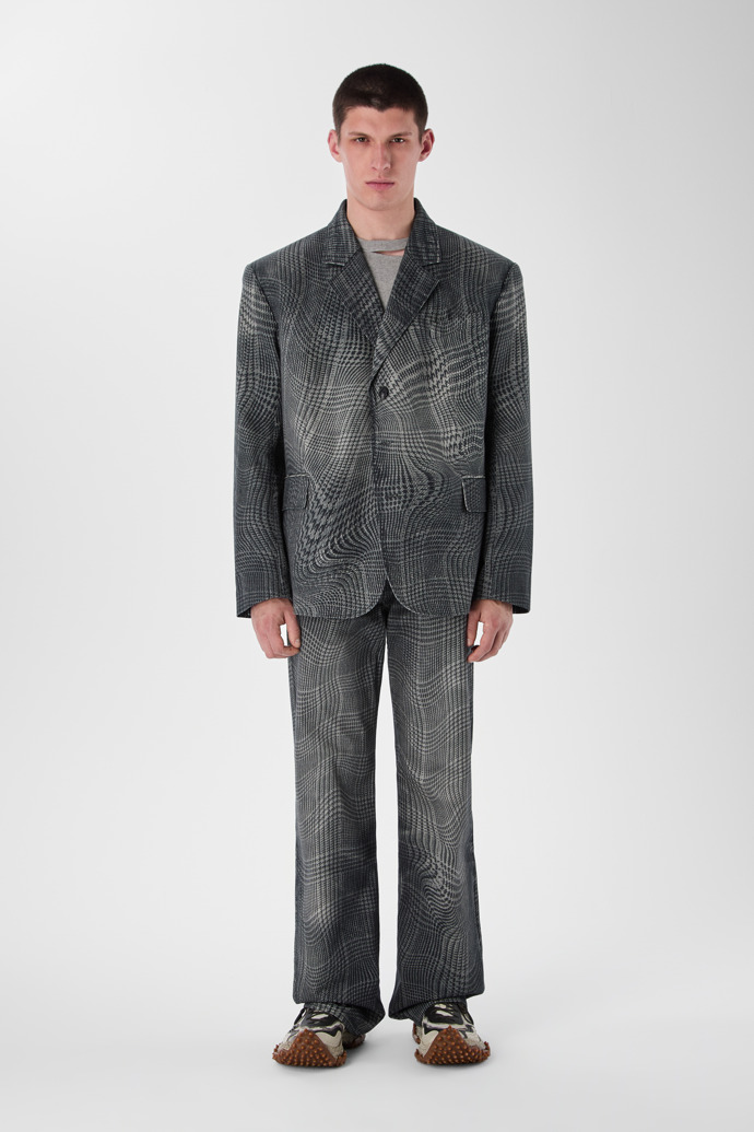 DISTORTED TARTAN PRINT DENIM BLAZER BLACK