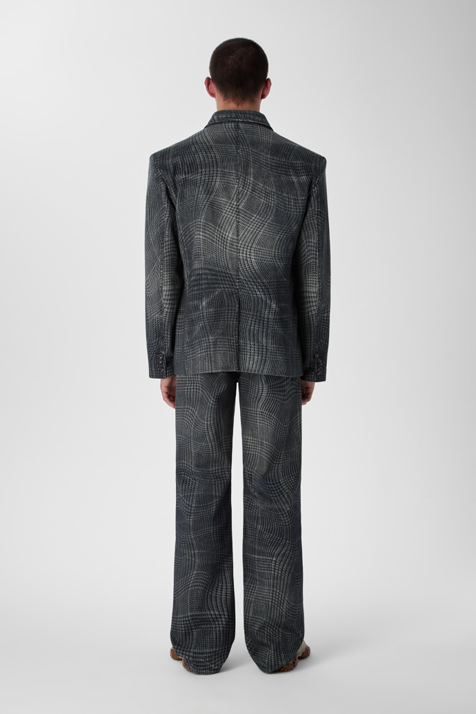 DISTORTED TARTAN PRINT DENIM BLAZER BLACK