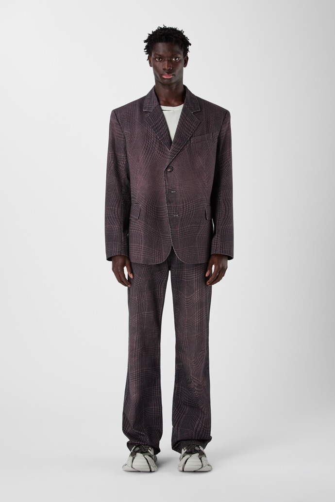 DISTORTED TARTAN PRINT DENIM BLAZER BURGUNDY