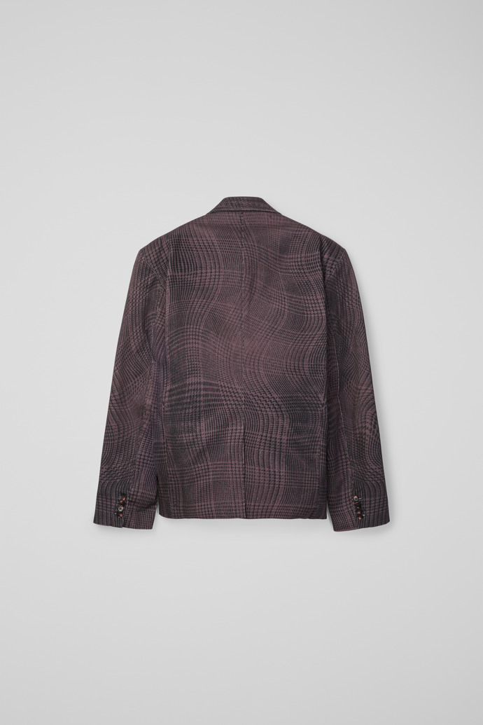 Back view of DISTORTED TARTAN PRINT DENIM BLAZER BURGUNDY
