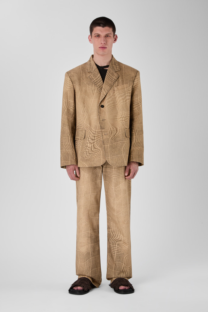 DISTORTED TARTAN PRINT DENIM BLAZER BROWN